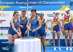 Benedetta Pahor (b), Emma Cuzzocrea, Giorgia Sciattella, Elisa Grisoni (s), Women's Four, Italy, Gold, 2022 European Rowing Under 19 Championships, Varese, Italy / Detlev Seyb/MyRowingPhoto.com
