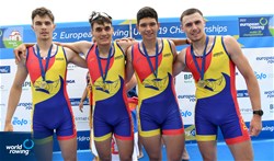 Cosmin Iulian Plesescu (b), Eduard Angel Moldovan, Nicolae Razvan Stoian, Marian Stefan Dunca (s), Men's Four, Romania, Gold, 2022 European Rowing Under 19 Championships, Varese, Italy / Detlev Seyb/MyRowingPhoto.com