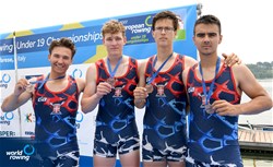 Filip Milanovic (b), Zoran Bosnic, Predrag Cvetkovic, Viktor Popovic (s), Men's Four, Serbia, Bronze, 2022 European Rowing Under 19 Championships, Varese, Italy / Detlev Seyb/MyRowingPhoto.com