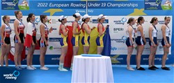 Andreea Todirica (b), Iulia Valentina Nedelcu, Delia Mirabela Gradinaciuc, Ana-Maria Matran (s), Women's Quadruple Sculls, Romania, Gold, Gabriela Stefaniak (b), Kinga Kusiowska, Anna Khlibenko, Natasha Malicka (s), Poland, Silver, Lucie Assier (b), Elea Cloutier, Maelle Merdens, Jessica Ravoire (s), France, Bronze, 2022 European Rowing Under 19 Championships, Varese, Italy / Detlev Seyb/MyRowingPhoto.com