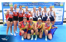 Andreea Todirica (b), Iulia Valentina Nedelcu, Delia Mirabela Gradinaciuc, Ana-Maria Matran (s), Women's Quadruple Sculls, Romania, Gold, Gabriela Stefaniak (b), Kinga Kusiowska, Anna Khlibenko, Natasha Malicka (s), Poland, Silver, Lucie Assier (b), Elea Cloutier, Maelle Merdens, Jessica Ravoire (s), France, Bronze, 2022 European Rowing Under 19 Championships, Varese, Italy / Detlev Seyb/MyRowingPhoto.com