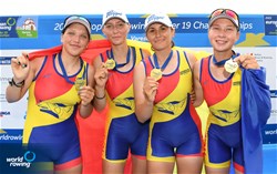Andreea Todirica (b), Iulia Valentina Nedelcu, Delia Mirabela Gradinaciuc, Ana-Maria Matran (s), Women's Quadruple Sculls, Romania, Gold, 2022 European Rowing Under 19 Championships, Varese, Italy / Detlev Seyb/MyRowingPhoto.com