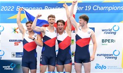 Tomas Panchartek (b), Krystof Janac, Jakub Sprinzl, Ondrej Pecival (s), Men's Quadruple Sculls, Czech Republic, Gold, 2022 European Rowing Under 19 Championships, Varese, Italy / Detlev Seyb/MyRowingPhoto.com