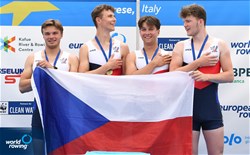 Tomas Panchartek (b), Krystof Janac, Jakub Sprinzl, Ondrej Pecival (s), Men's Quadruple Sculls, Czech Republic, Gold, 2022 European Rowing Under 19 Championships, Varese, Italy / Detlev Seyb/MyRowingPhoto.com