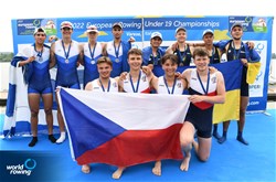 Tomas Panchartek (b), Krystof Janac, Jakub Sprinzl, Ondrej Pecival (s), Men's Quadruple Sculls, Czech Republic, Gold, Panagiotis Adam (b), Apostolos Lykomitros, Nikolaos Cholopoulos, Dimitrios Papazoglou (s), Greece, Silver, Mykhailo Hrabar (b), Oleksandr Ivanov, Mykhailo Maiko, Danylo Romanenko (s), Ukraine, Bronze, 2022 European Rowing Under 19 Championships, Varese, Italy / Detlev Seyb/MyRowingPhoto.com