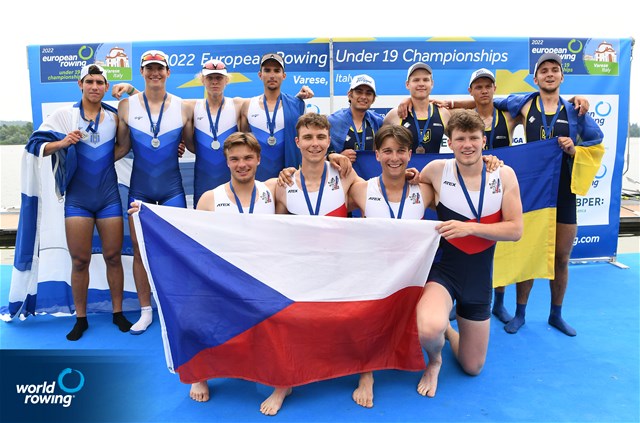 Tomas Panchartek (b), Krystof Janac, Jakub Sprinzl, Ondrej Pecival (s), Men's Quadruple Sculls, Czech Republic, Gold, Panagiotis Adam (b), Apostolos Lykomitros, Nikolaos Cholopoulos, Dimitrios Papazoglou (s), Greece, Silver, Mykhailo Hrabar (b), Oleksandr Ivanov, Mykhailo Maiko, Danylo Romanenko (s), Ukraine, Bronze, 2022 European Rowing Under 19 Championships, Varese, Italy / Detlev Seyb/MyRowingPhoto.com