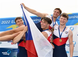 Tomas Panchartek (b), Krystof Janac, Jakub Sprinzl, Ondrej Pecival (s), Men's Quadruple Sculls, Czech Republic, Gold, 2022 European Rowing Under 19 Championships, Varese, Italy / Detlev Seyb/MyRowingPhoto.com