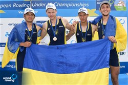 Mykhailo Hrabar (b), Oleksandr Ivanov, Mykhailo Maiko, Danylo Romanenko (s), Men's Quadruple Sculls, Ukraine, Bronze, 2022 European Rowing Under 19 Championships, Varese, Italy / Detlev Seyb/MyRowingPhoto.com
