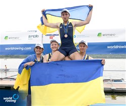 Mykhailo Hrabar (b), Oleksandr Ivanov, Mykhailo Maiko, Danylo Romanenko (s), Men's Quadruple Sculls, Ukraine, Bronze, 2022 European Rowing Under 19 Championships, Varese, Italy / Detlev Seyb/MyRowingPhoto.com