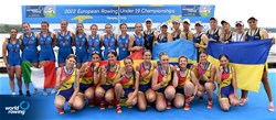Narcisa-Florentina Negura (b), Andreea Petras, Cosmina Alexandra Grigore, Iuliana Isabela Boldea, Beatrice Piseru, Denisa Cristina Ailincai, Felicia Maria Mihai, Andra Elena Filote (s), Irina Lucia Andreea Despa (c), Women's Eight, Romania, Gold, Matilde Orsetti (b), Veronica De Martino, Elisa Marcon, Matilde Paoletti, Lucrezia Monaci, Asia Bertolotti, Marta Orefice, Giulia Orefice (s), Margherita Fanchi (c), Italy, Silver, Zinaida Kataieva (b), Alisa Lehenchenko, Yelyzaveta Nazarenko, Maryna Demianova, Daria Klievtsova, Iryna Yatsuliak, Viktoriia Pashchenko, Anastasiia Draha (s), Anastasiia Kozyr (c), Ukraine, Bronze, 2022 European Rowing Under 19 Championships, Varese, Italy / Detlev Seyb/MyRowingPhoto.com