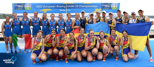 Narcisa-Florentina Negura (b), Andreea Petras, Cosmina Alexandra Grigore, Iuliana Isabela Boldea, Beatrice Piseru, Denisa Cristina Ailincai, Felicia Maria Mihai, Andra Elena Filote (s), Irina Lucia Andreea Despa (c), Women's Eight, Romania, Gold, Matilde Orsetti (b), Veronica De Martino, Elisa Marcon, Matilde Paoletti, Lucrezia Monaci, Asia Bertolotti, Marta Orefice, Giulia Orefice (s), Margherita Fanchi (c), Italy, Silver, Zinaida Kataieva (b), Alisa Lehenchenko, Yelyzaveta Nazarenko, Maryna Demianova, Daria Klievtsova, Iryna Yatsuliak, Viktoriia Pashchenko, Anastasiia Draha (s), Anastasiia Kozyr (c), Ukraine, Bronze, 2022 European Rowing Under 19 Championships, Varese, Italy / Detlev Seyb/MyRowingPhoto.com
