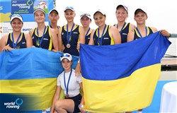 Zinaida Kataieva (b), Alisa Lehenchenko, Yelyzaveta Nazarenko, Maryna Demianova, Daria Klievtsova, Iryna Yatsuliak, Viktoriia Pashchenko, Anastasiia Draha (s), Anastasiia Kozyr (c), Women's Eight, Ukraine, 2022 European Rowing Under 19 Championships, Varese, Italy / Detlev Seyb/MyRowingPhoto.com