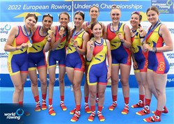 Narcisa-Florentina Negura (b), Andreea Petras, Cosmina Alexandra Grigore, Iuliana Isabela Boldea, Beatrice Piseru, Denisa Cristina Ailincai, Felicia Maria Mihai, Andra Elena Filote (s), Irina Lucia Andreea Despa (c), Women's Eight, Romania, Gold, 2022 European Rowing Under 19 Championships, Varese, Italy / Detlev Seyb/MyRowingPhoto.com