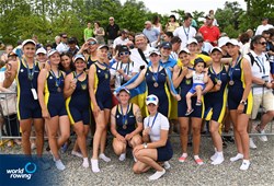 Zinaida Kataieva (b), Alisa Lehenchenko, Yelyzaveta Nazarenko, Maryna Demianova, Daria Klievtsova, Iryna Yatsuliak, Viktoriia Pashchenko, Anastasiia Draha (s), Anastasiia Kozyr (c), Women's Eight, Ukraine, Bronze, 2022 European Rowing Under 19 Championships, Varese, Italy / Detlev Seyb/MyRowingPhoto.com