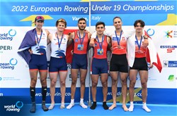 Ahmet Ali Kabadayi (b), Halil Kaan Koroglu (s), Men's Double Sculls, Turkey, Gold, Alric Rodrigue (b), Come Gonzalez (s), France, Silver, Piotr Sliwinski (b), Daniel Galeza (s), Poland, Bronze, 2022 European Rowing Under 19 Championships, Varese, Italy / Detlev Seyb/MyRowingPhoto.com