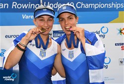 Sofia Dalidou (b), Styliani Natsioula (s), Women's Double Sculls, Greece, Gold, 2022 European Rowing Under 19 Championships, Varese, Italy / Detlev Seyb/MyRowingPhoto.com