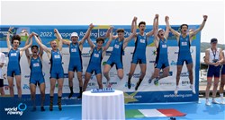 Nicolo Gabriele Marelli (b), Alberto Briccola, Ferdinando Emanuele Chierchia, Davide Salvatore Piovesana, Manuel Caldara, Giulio Zuccala, Gregorio Menicagli, Francesco Garruccio (s), Lorenzo Fanchi (c), Men's Eight, Italy, Gold, 2022 European Rowing Under 19 Championships, Varese, Italy / Detlev Seyb/MyRowingPhoto.com
