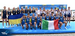 Nicolo Gabriele Marelli (b), Alberto Briccola, Ferdinando Emanuele Chierchia, Davide Salvatore Piovesana, Manuel Caldara, Giulio Zuccala, Gregorio Menicagli, Francesco Garruccio (s), Lorenzo Fanchi (c), Men's Eight, Italy, Gold, Kyrylo Furs (b), Vladyslav Khrushch, Roman Rudenko, Roman Pokryshka, Yevhen Sotnikov, Pavlo Bolotov, Mykyta Oliinyk, Mark Haidar (s), Pavlo Subit (c), Ukraine, Silver, Pierre Czerwik (b), Alexis Rose, Alexandre Jolard, Maxime Eymard, Lucas Fauche, Pierre-Esteban Soubeste, Louis Descot - Vigouroux, Harry Fisher (s), Lucie Mercier (c), France, Bronze, 2022 European Rowing Under 19 Championships, Varese, Italy / Detlev Seyb/MyRowingPhoto.com