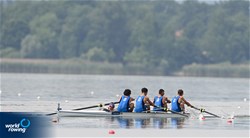 Santo Zaffiro (b), Antonio Distefano, Jacopo Sartori, Marco Miatello (s), Leo Vaughan Bozzetta (c), Men's Coxed Four, Italy, 2022 European Rowing Under 19 Championships, Varese, Italy / Detlev Seyb/MyRowingPhoto.com