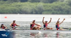 Hamdi Okan Atmaca (b), Fatih Mehmet Avci, Yusuf Ziya Ates, Alper Sevket Eren (s), Tuana Fatma Yildiz (c), Men's Coxed Four, Turkey, 2022 European Rowing Under 19 Championships, Varese, Italy / Detlev Seyb/MyRowingPhoto.com