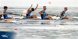 Santo Zaffiro (b), Antonio Distefano, Jacopo Sartori, Marco Miatello (s), Leo Vaughan Bozzetta (c), Men's Coxed Four, Italy, 2022 European Rowing Under 19 Championships, Varese, Italy / Detlev Seyb/MyRowingPhoto.com