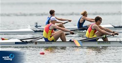Andrei-Vlad-Robert Vatamaniuc (b), Iliuta-Leontin Nutescu (s), Men's Pair, Romania, 2022 European Rowing Under 19 Championships, Varese, Italy / Detlev Seyb/MyRowingPhoto.com