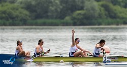 Rachel Mazzolini (b), Apoline Dansault, Caroline Lagarde, Lea Herscovici (s), Women's Four, France, 2022 European Rowing Under 19 Championships, Varese, Italy / Detlev Seyb/MyRowingPhoto.com