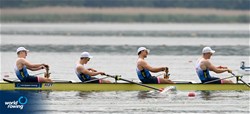 Julian Wienert (b), Elias Hautsch, Teodor-Tan Tschaikner, Daniel Wagner (s), Men's Four, Austria, 2022 European Rowing Under 19 Championships, Varese, Italy / Detlev Seyb/MyRowingPhoto.com