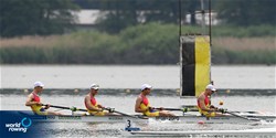 Cosmin Iulian Plesescu (b), Eduard Angel Moldovan, Nicolae Razvan Stoian, Marian Stefan Dunca (s), Men's Four, Romania, 2022 European Rowing Under 19 Championships, Varese, Italy / Detlev Seyb/MyRowingPhoto.com