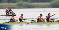 Filip Milanovic (b), Zoran Bosnic, Predrag Cvetkovic, Viktor Popovic (s), Men's Four, Serbia, 2022 European Rowing Under 19 Championships, Varese, Italy / Detlev Seyb/MyRowingPhoto.com