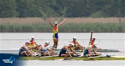 Dragos Valentin Peia (b), Silviu-Marian Dumitru, Marian Gabriel Guia, Bogdan Murariu (s), Men's Quadruple Sculls, Romania, 2022 European Rowing Under 19 Championships, Varese, Italy / Detlev Seyb/MyRowingPhoto.com