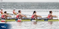 Gabriela Stefaniak (b), Kinga Kusiowska, Anna Khlibenko, Natasha Malicka (s), Women's Quadruple Sculls, Poland, 2022 European Rowing Under 19 Championships, Varese, Italy / Detlev Seyb/MyRowingPhoto.com