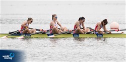 Gabriela Stefaniak (b), Kinga Kusiowska, Anna Khlibenko, Natasha Malicka (s), Women's Quadruple Sculls, Poland, 2022 European Rowing Under 19 Championships, Varese, Italy / Detlev Seyb/MyRowingPhoto.com