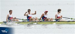 Tomas Panchartek (b), Krystof Janac, Jakub Sprinzl, Ondrej Pecival (s), Men's Quadruple Sculls, Czech Republic, 2022 European Rowing Under 19 Championships, Varese, Italy / Detlev Seyb/MyRowingPhoto.com