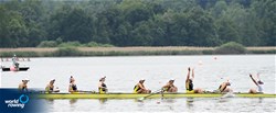Zinaida Kataieva (b), Alisa Lehenchenko, Yelyzaveta Nazarenko, Maryna Demianova, Daria Klievtsova, Iryna Yatsuliak, Viktoriia Pashchenko, Anastasiia Draha (s), Anastasiia Kozyr (c), Women's Eight, Ukraine, 2022 European Rowing Under 19 Championships, Varese, Italy / Detlev Seyb/MyRowingPhoto.com