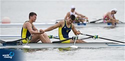 Leonid Shcherban (b), Nikita Puzhalov (s), Men's Double Sculls, Ukraine, 2022 European Rowing Under 19 Championships, Varese, Italy / Detlev Seyb/MyRowingPhoto.com