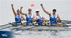 Panagiotis Adam (b), Apostolos Lykomitros, Nikolaos Cholopoulos, Dimitrios Papazoglou (s), Men's Quadruple Sculls, Greece, 2022 European Rowing Under 19 Championships, Varese, Italy / Detlev Seyb/MyRowingPhoto.com