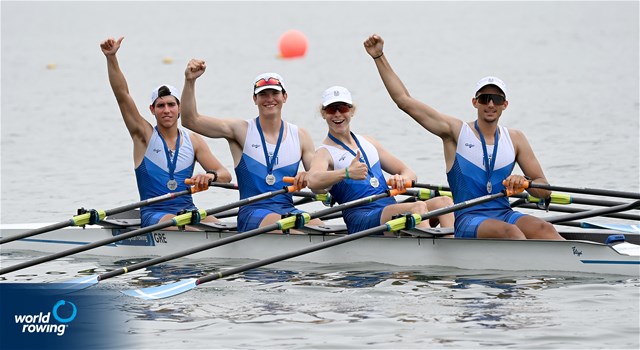 Panagiotis Adam (b), Apostolos Lykomitros, Nikolaos Cholopoulos, Dimitrios Papazoglou (s), Men's Quadruple Sculls, Greece, 2022 European Rowing Under 19 Championships, Varese, Italy / Detlev Seyb/MyRowingPhoto.com