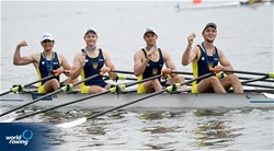 Mykhailo Hrabar (b), Oleksandr Ivanov, Mykhailo Maiko, Danylo Romanenko (s), Men's Quadruple Sculls, Ukraine, 2022 European Rowing Under 19 Championships, Varese, Italy / Detlev Seyb/MyRowingPhoto.com