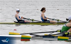 Emma Gutsjahr (b), Greta Haider (s), Women's Double Sculls, Austria, 2022 European Rowing Under 19 Championships, Varese, Italy / Detlev Seyb/MyRowingPhoto.com