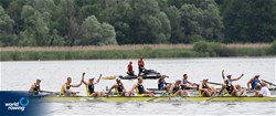 Kyrylo Furs (b), Vladyslav Khrushch, Roman Rudenko, Roman Pokryshka, Yevhen Sotnikov, Pavlo Bolotov, Mykyta Oliinyk, Mark Haidar (s), Pavlo Subit (c), Men's Eight, Ukraine, 2022 European Rowing Under 19 Championships, Varese, Italy / Detlev Seyb/MyRowingPhoto.com