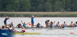 Nicolo Gabriele Marelli (b), Alberto Briccola, Ferdinando Emanuele Chierchia, Davide Salvatore Piovesana, Manuel Caldara, Giulio Zuccala, Gregorio Menicagli, Francesco Garruccio (s), Lorenzo Fanchi (c), Men's Eight, Italy, 2022 European Rowing Under 19 Championships, Varese, Italy / Detlev Seyb/MyRowingPhoto.com
