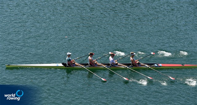 Dominik Czaja (b), Cezary Litka, Szymon Posnik, Piotr Plominski (s), Men's Quadruple Sculls, Poland, 2022 World Rowing Cup I, Belgrade, Serbia / Detlev Seyb/MyRowingPhoto.com