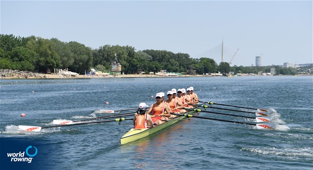 Mengyao Dai (b), Keke Xia, Peixin Zhang, Xingye Xu, Shuxian Zhang, Yihui Wu, Xinyu Lin, Xiaoxin Liu (s), Liping Shang (c), Women's Eight, People's Republic of China, 2022 World Rowing Cup I, Belgrade, Serbia / Detlev Seyb/MyRowingPhoto.com