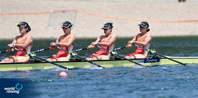 Shuangmei Shen (b), Fengjiao Sun, Yang Lyu, Xiaotong Cui (s), Women's Quadruple Sculls, People's Republic of China, 2022 World Rowing Cup I, Belgrade, Serbia / Detlev Seyb/MyRowingPhoto.com