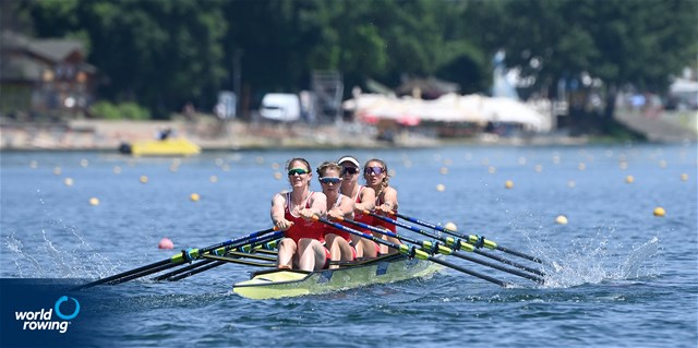 Fabienne Schweizer (b), Salome Ulrich, Celia Dupre, Pascale Walker (s), Women's Quadruple Sculls, Switzerland, 2022 World Rowing Cup I, Belgrade, Serbia / Detlev Seyb/MyRowingPhoto.com