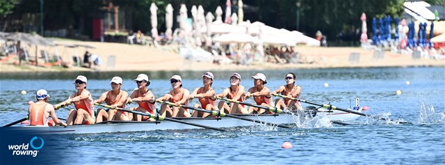 Wen Yu (b), Ning Sun, Xiya Dong, Hongmei Shi, Yan Zhang, Yuxiu Zhou, Hairong Zhang, Yixin Yang (s), Dechang Zhang (c), Women's Eight, People's Republic of China, 2022 World Rowing Cup I, Belgrade, Serbia / Detlev Seyb/MyRowingPhoto.com