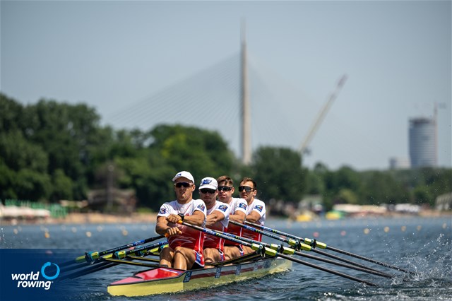 Dominik Czaja (b), Cezary Litka, Szymon Posnik, Piotr Plominski (s), Men's Quadruple Sculls, Poland, 2022 World Rowing Cup I, Belgrade, Serbia / World Rowing/Benedict Tufnell
