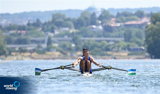 Davrjon Davronov (b), Shakhboz Kholmurzaev (s), Men's Double Sculls, Uzbekistan, 2022 World Rowing Cup I, Belgrade, Serbia / Detlev Seyb/MyRowingPhoto.com