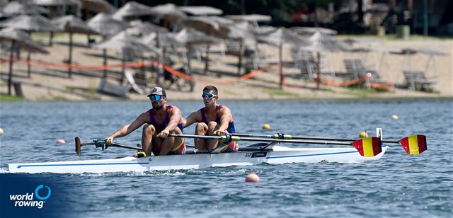 Aleix Garci Garcia Pujolar (b), Rodrigo Conde Romero (s), Men's Double Sculls, Spain, 2022 World Rowing Cup I, Belgrade, Serbia / Detlev Seyb/MyRowingPhoto.com